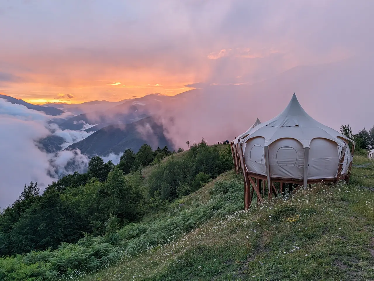 A Lotus Belle tent on a hillside full of daisies at sunset, with pink clouds drifting through the valley below.